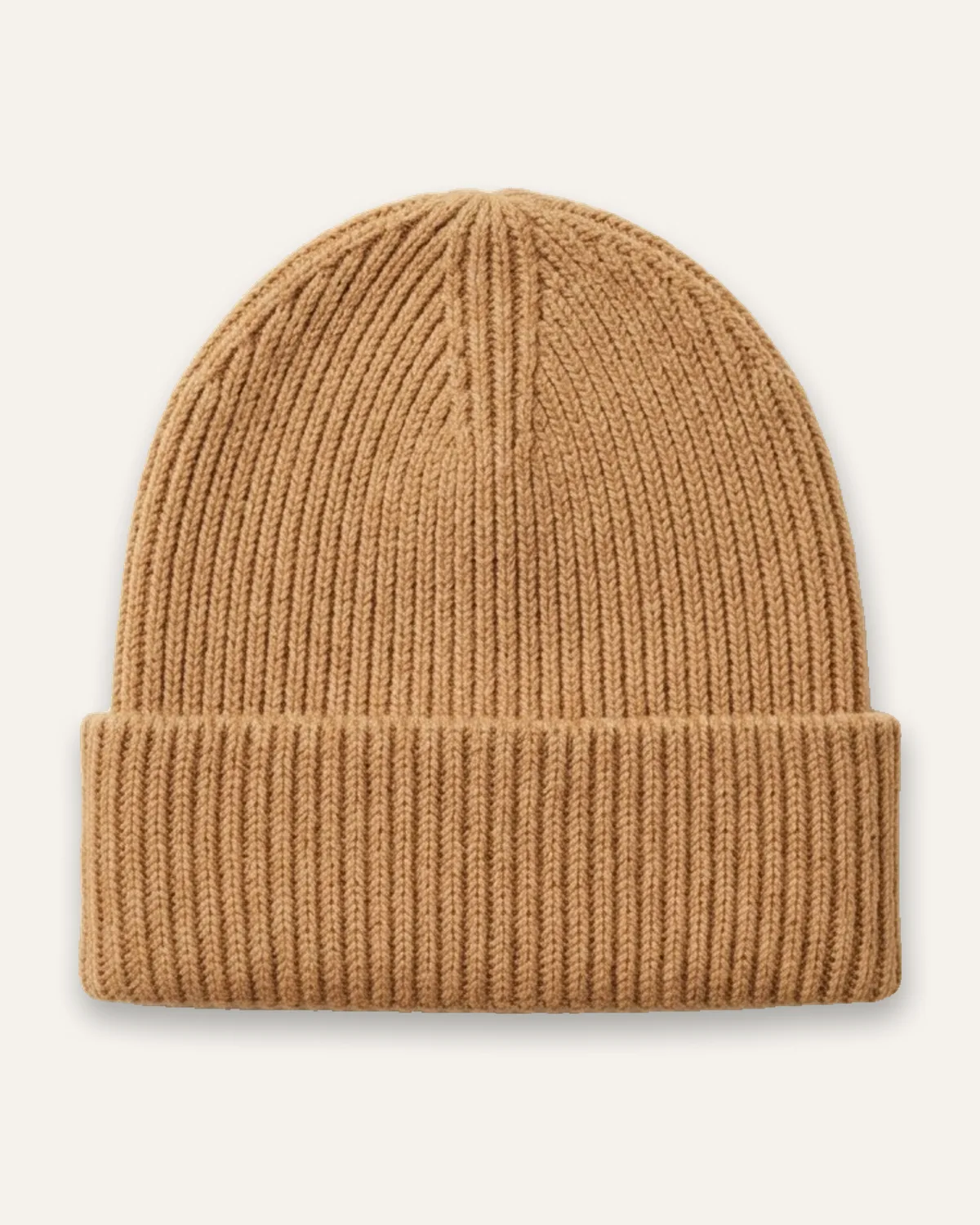 Cuffed Beanie in Camel, laid flat
