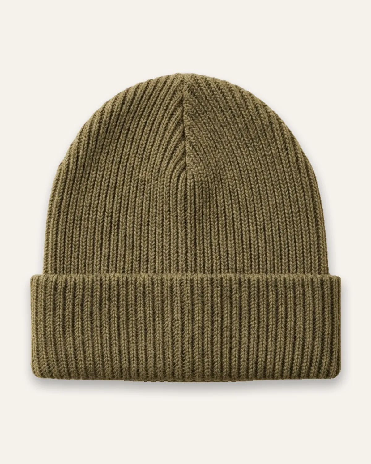 Cuffed Beanie in Olive, laid flat