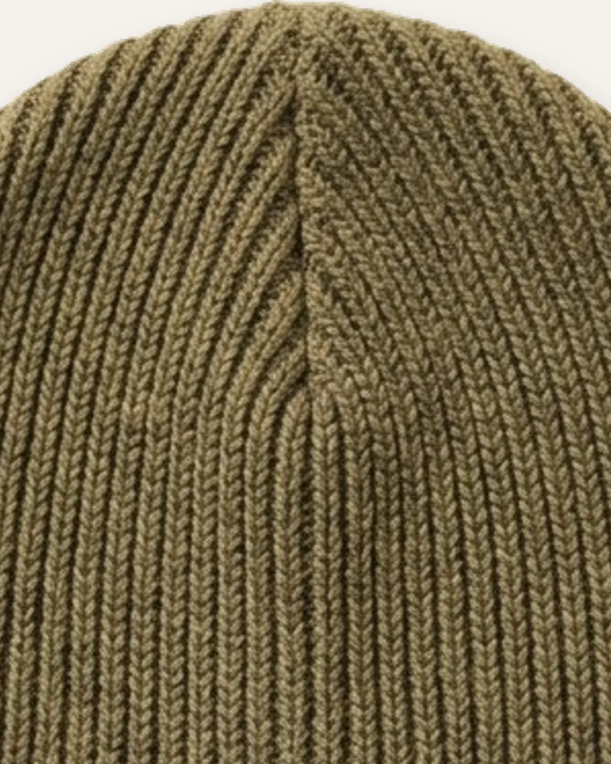 Cuffed Beanie in Olive, laid flat, detail