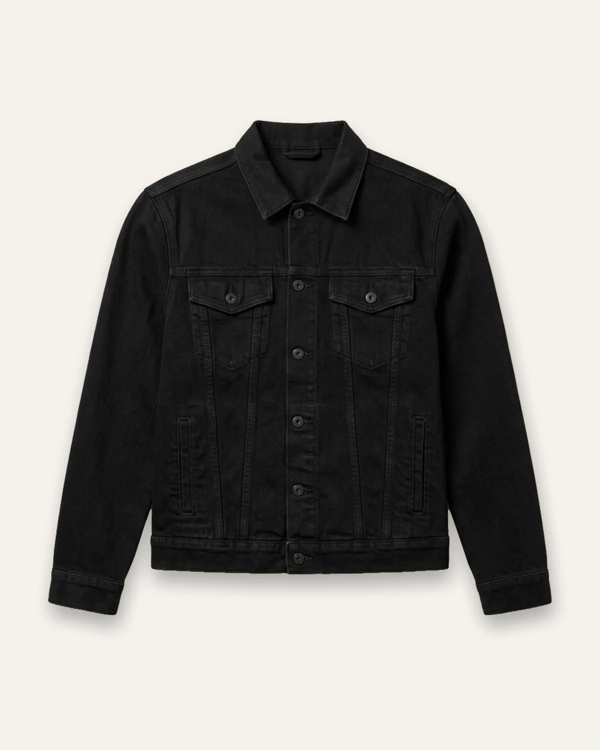 Denim Trucker Jacket in Black, laid flat