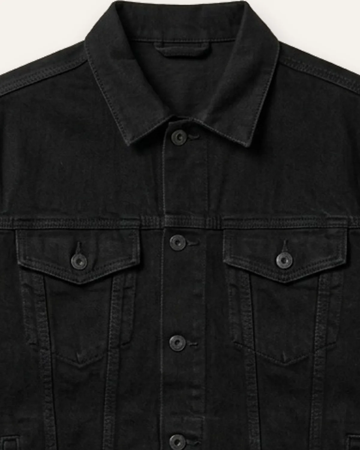Denim Trucker Jacket in Black, laid flat, detail