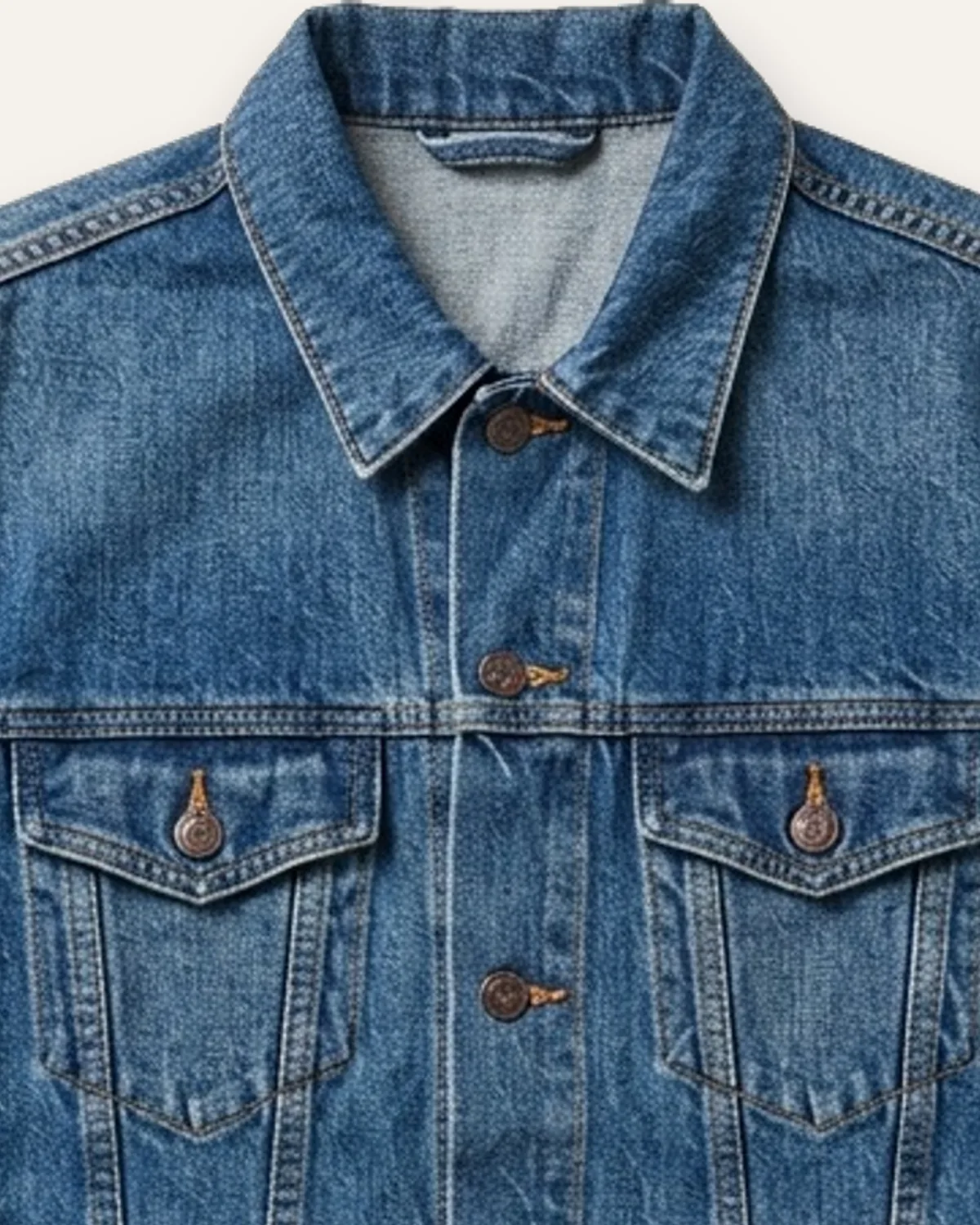 Denim Trucker Jacket in Medium Wash, laid flat, detail