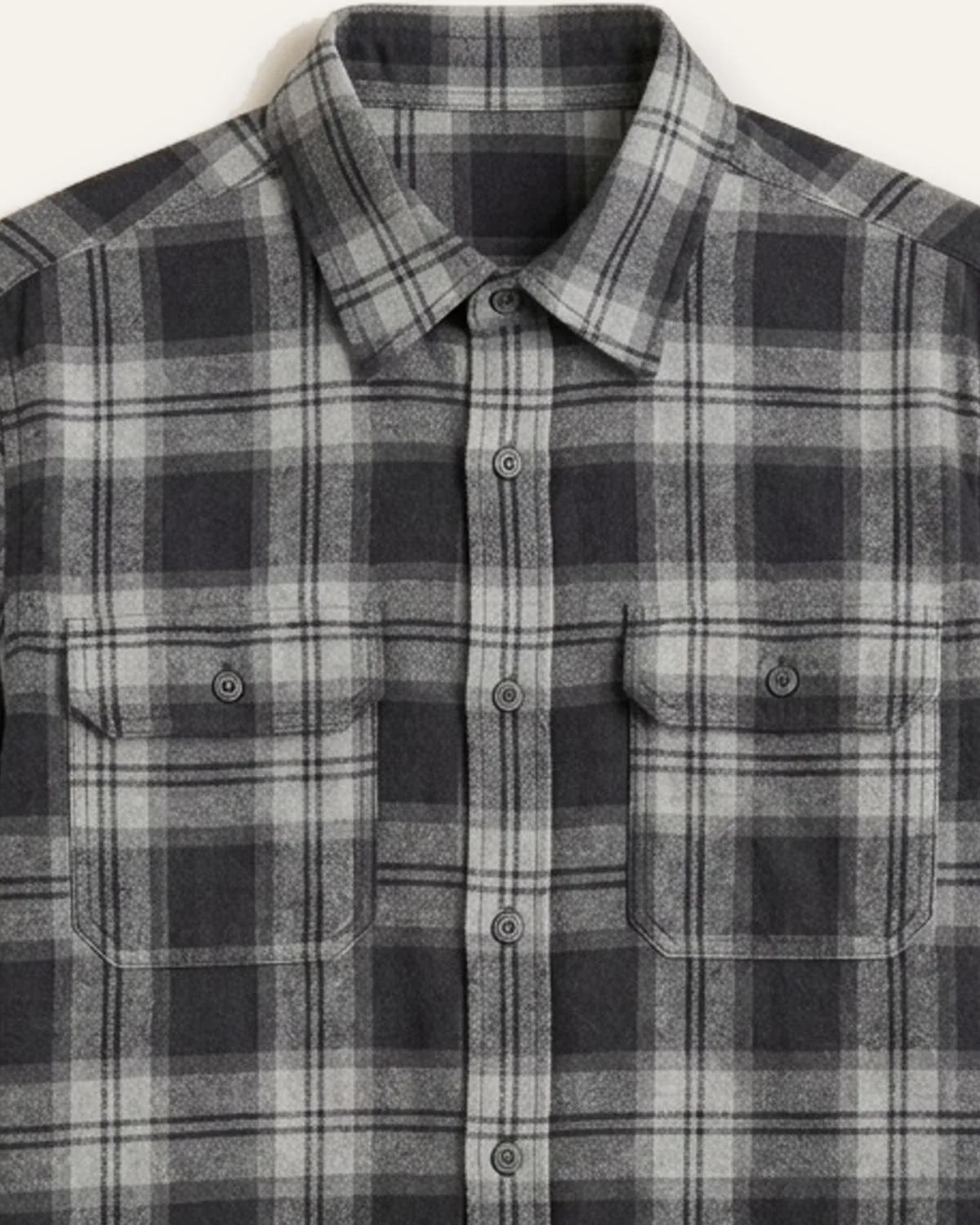 Flannel LS Shirt in Grey Check, laid flat, detail