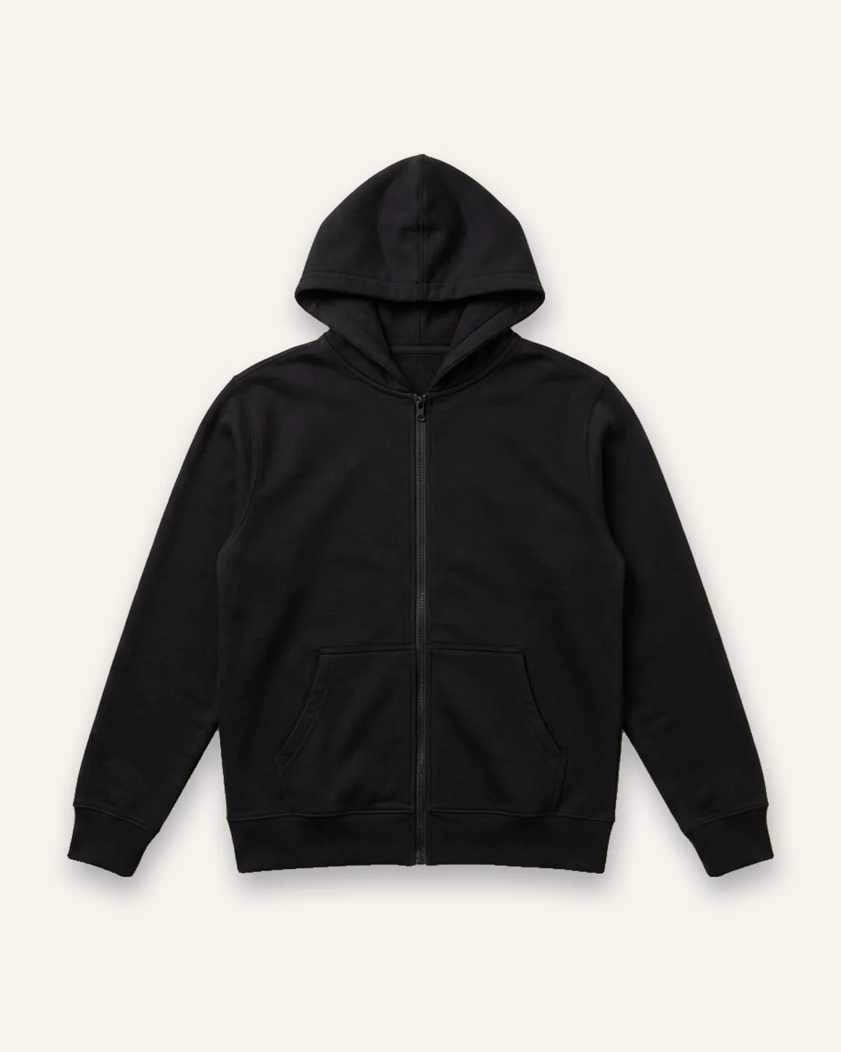 Full-Zip Fleece Hoodie in Black, laid flat