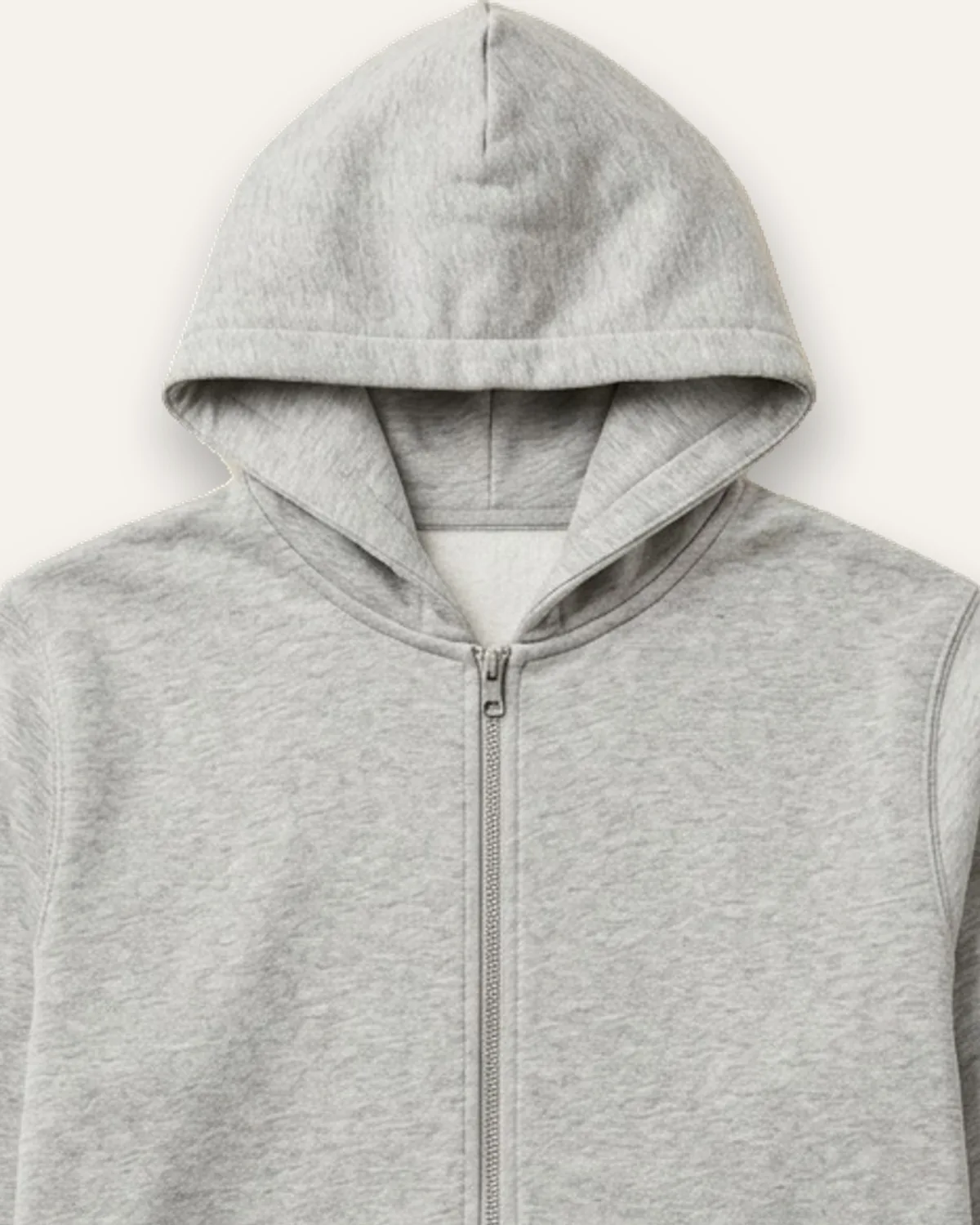 Full-Zip Fleece Hoodie in Heather Grey, laid flat, detail