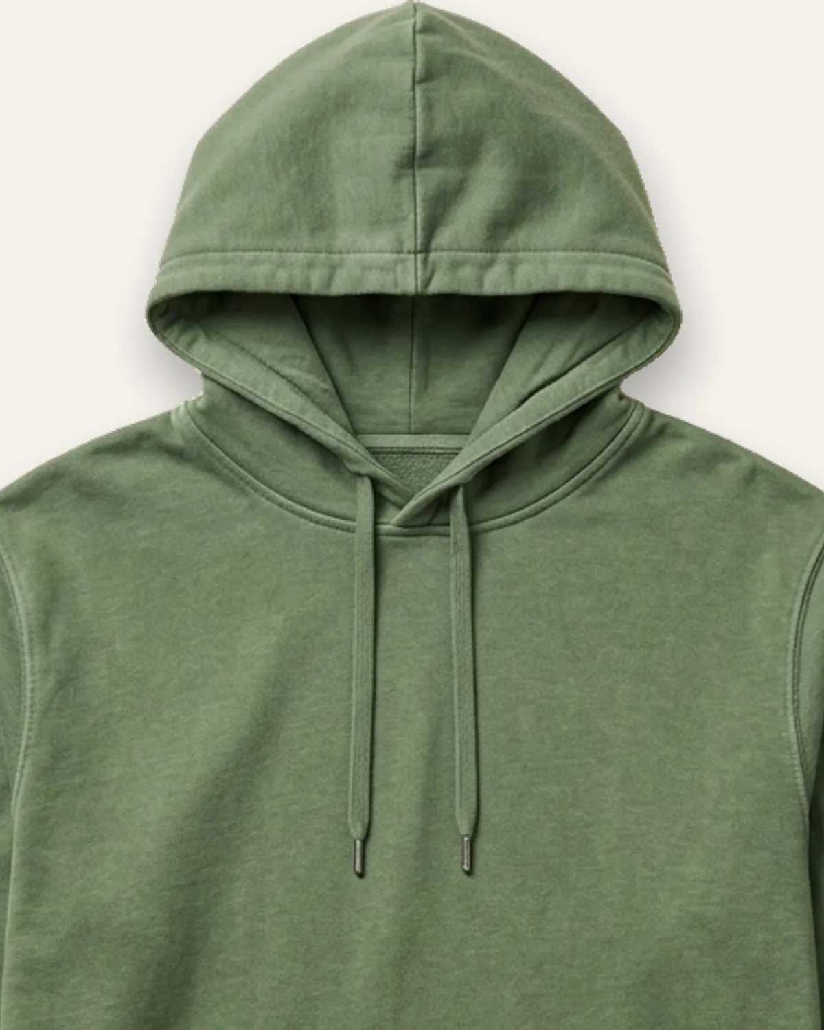 Garment-Dyed Hoodie in Moss, laid flat, detail