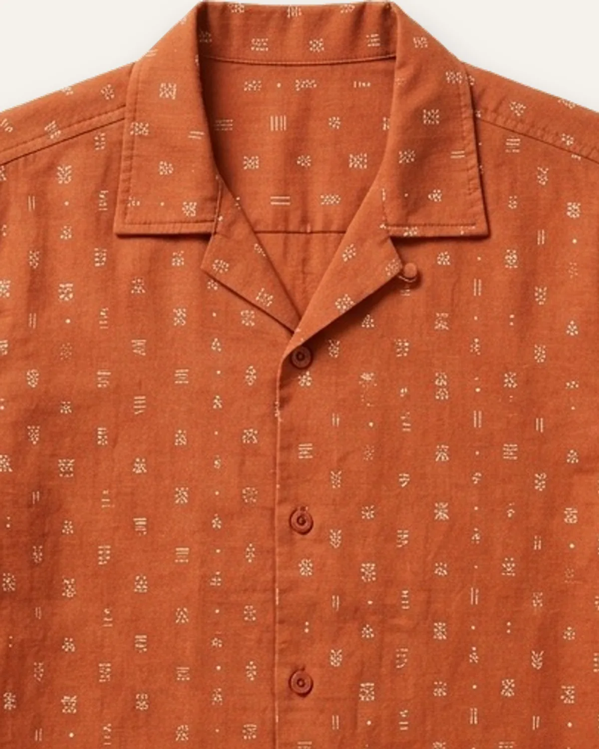Geo Print Camp Shirt in Rust Geo, laid flat, detail