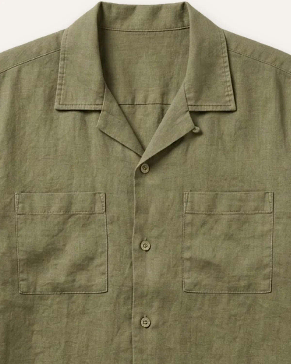 Linen Camp Shirt in Olive, laid flat, detail