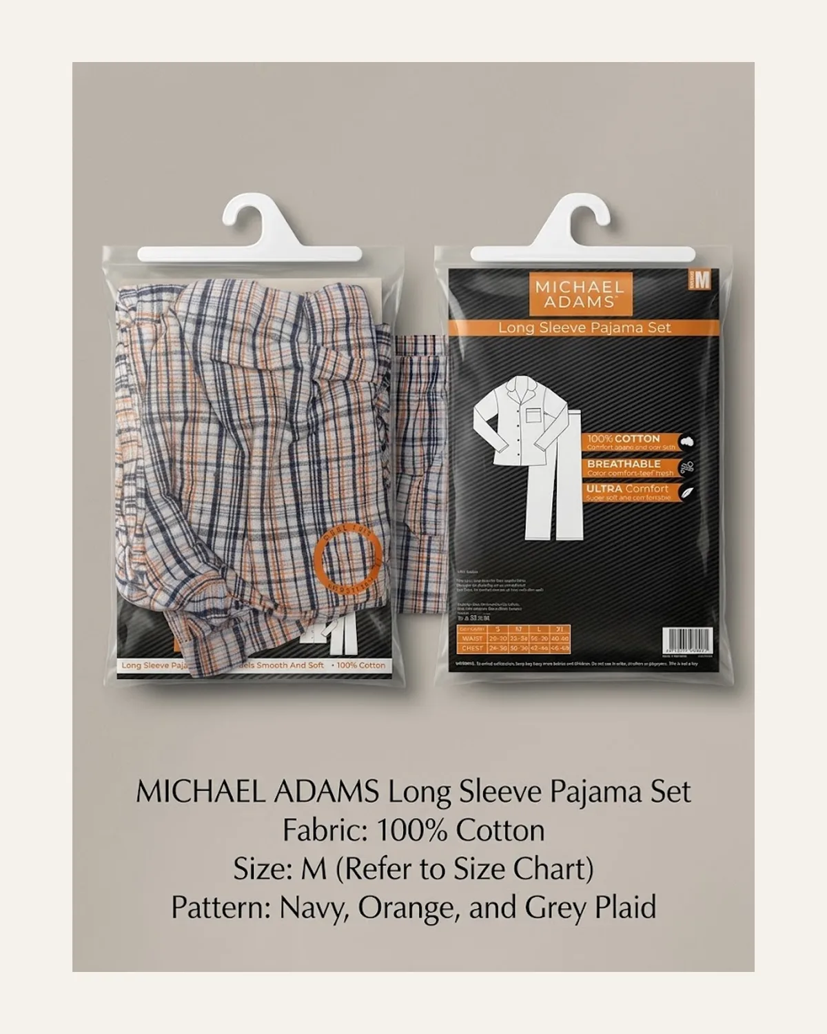 Michael Adams LS Pajama Set in Navy/Orange Plaid, laid flat
