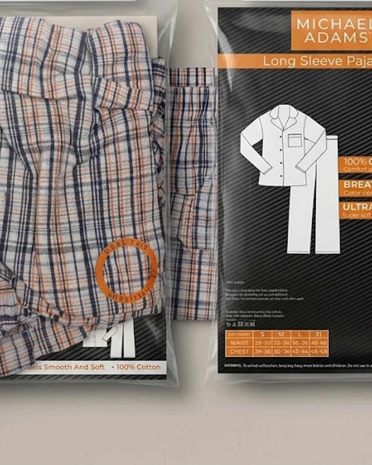 Michael Adams LS Pajama Set in Navy/Orange Plaid, laid flat, detail