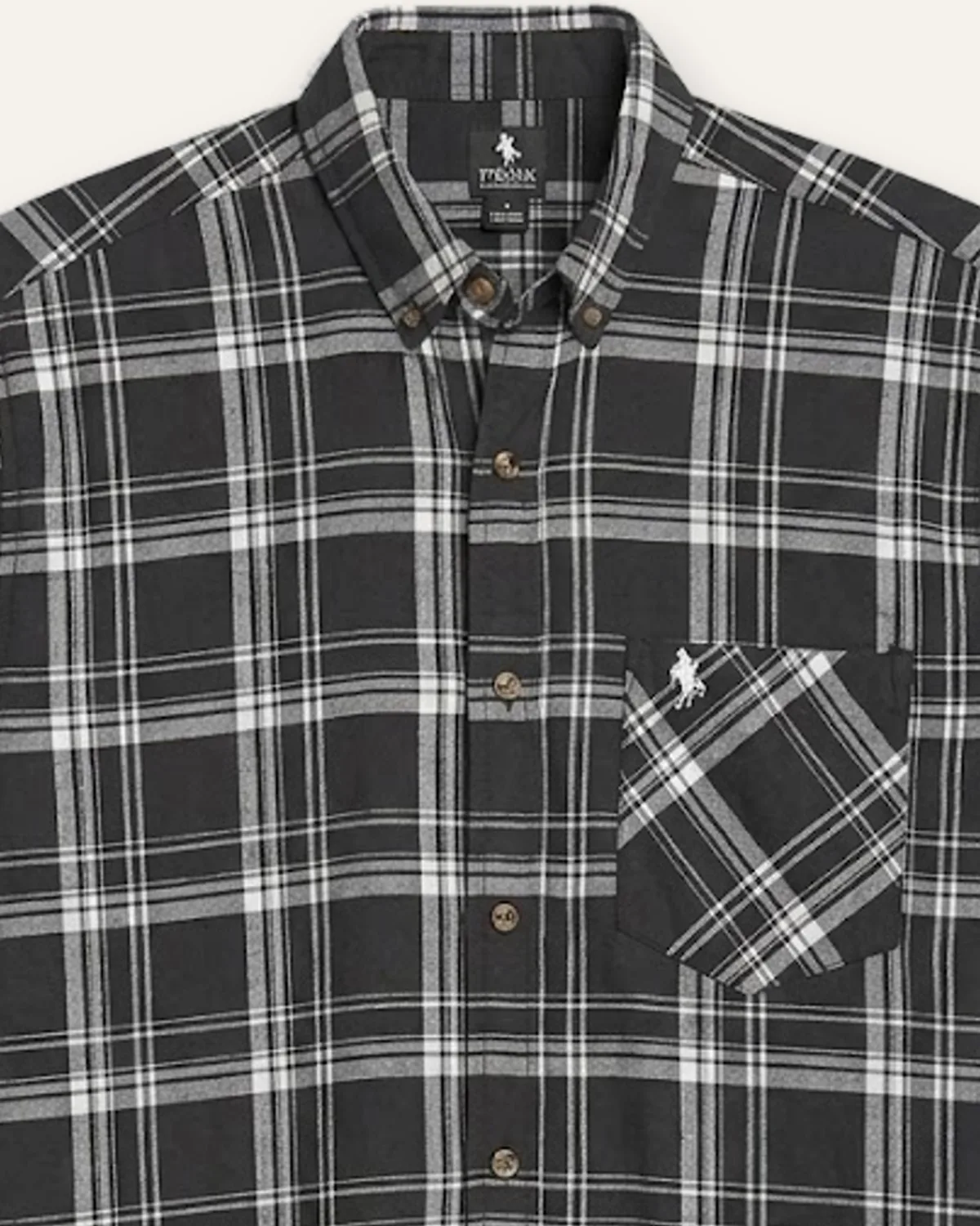 Plaid SS Shirt in Ink Black, laid flat, detail