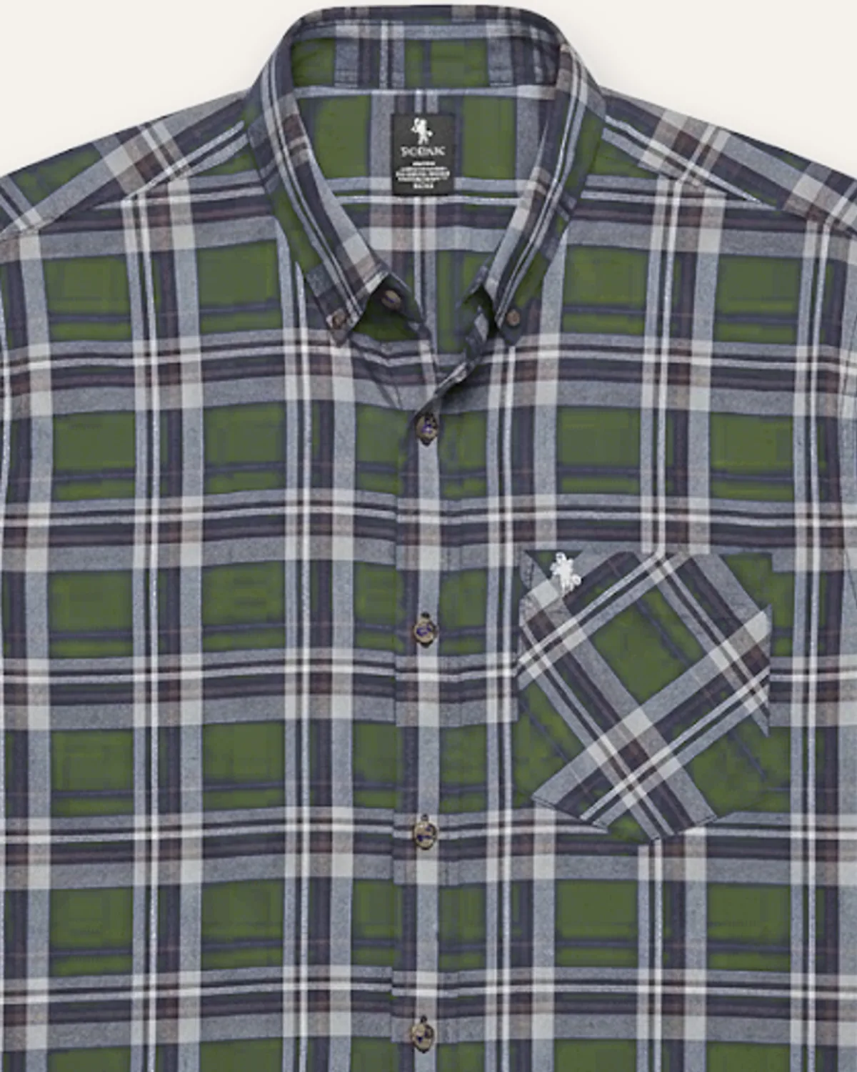 Plaid SS Shirt in Moss, laid flat, detail