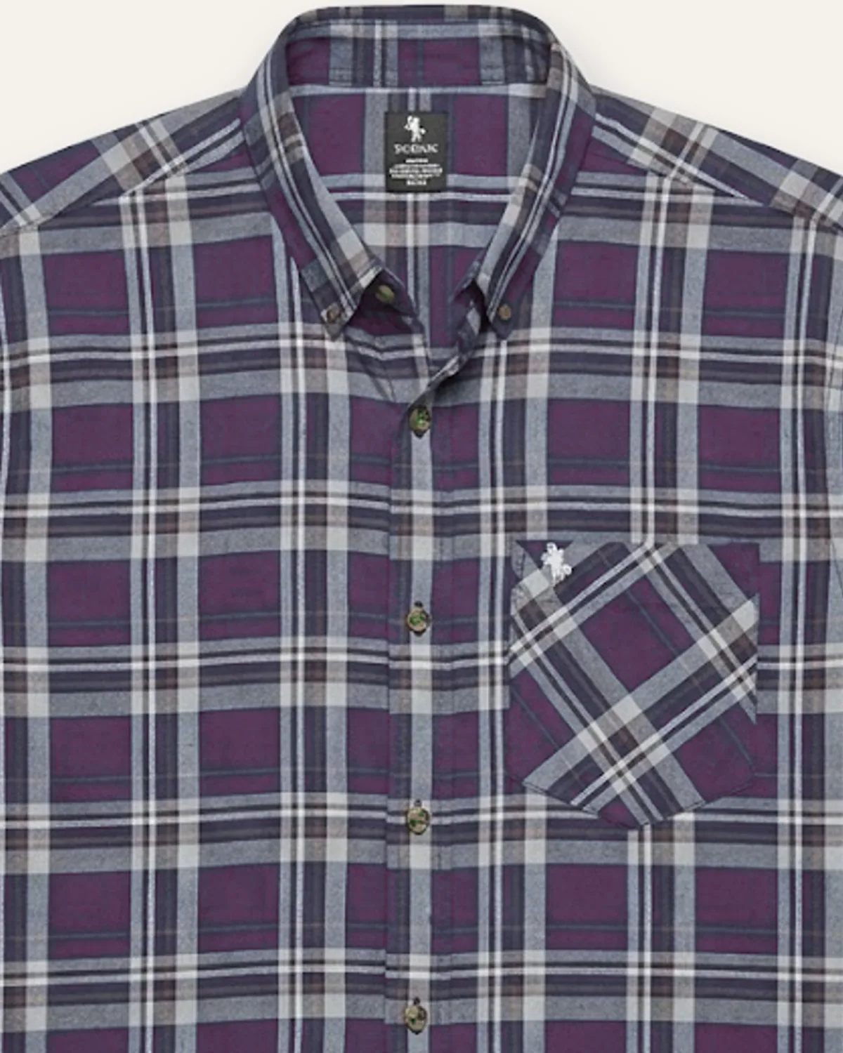 Plaid SS Shirt in Plum, laid flat, detail