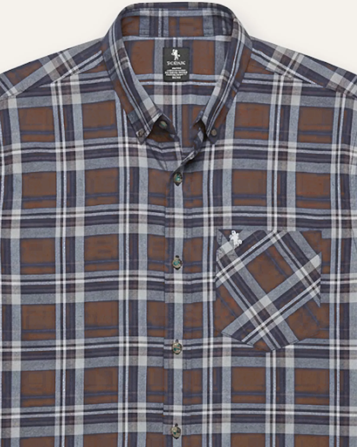 Plaid SS Shirt in Rust, laid flat, detail
