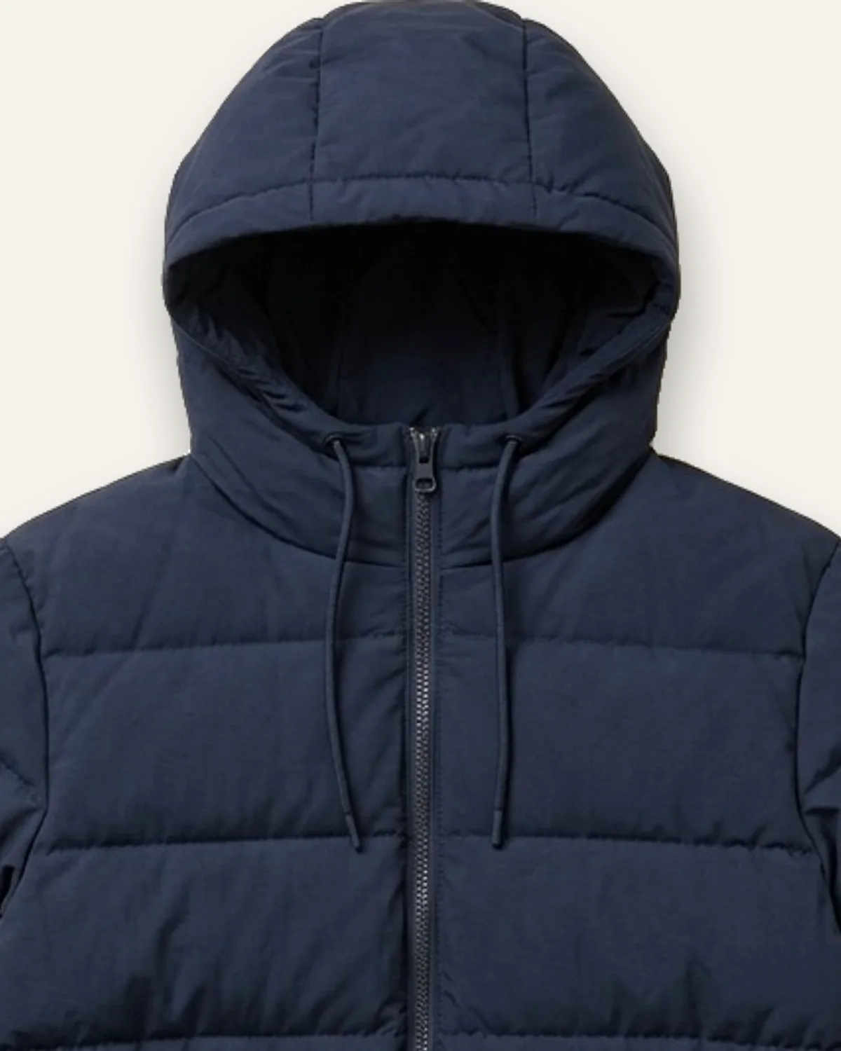 Puffer Jacket in Navy, laid flat, detail