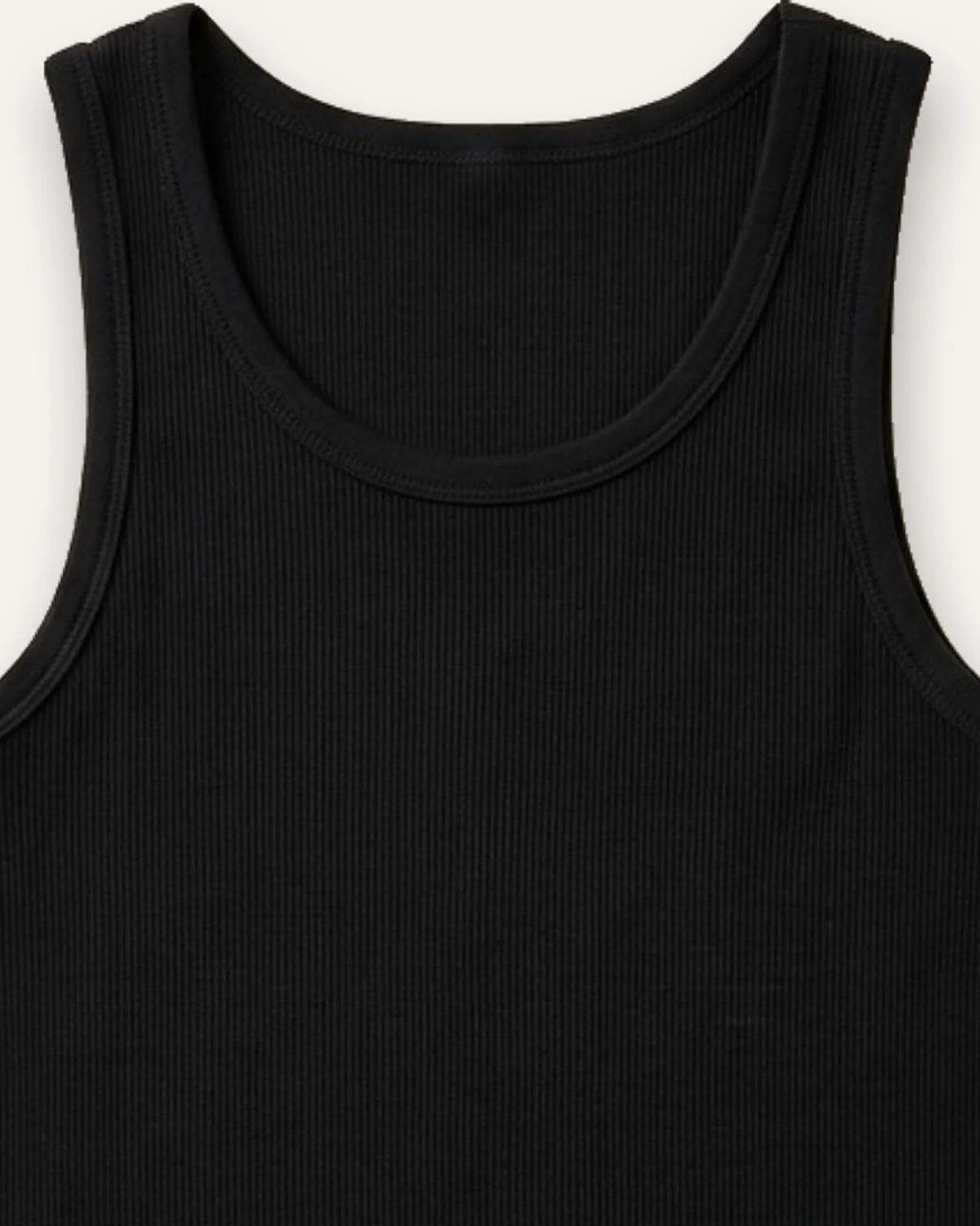 Ribbed Tank in Black, laid flat, detail