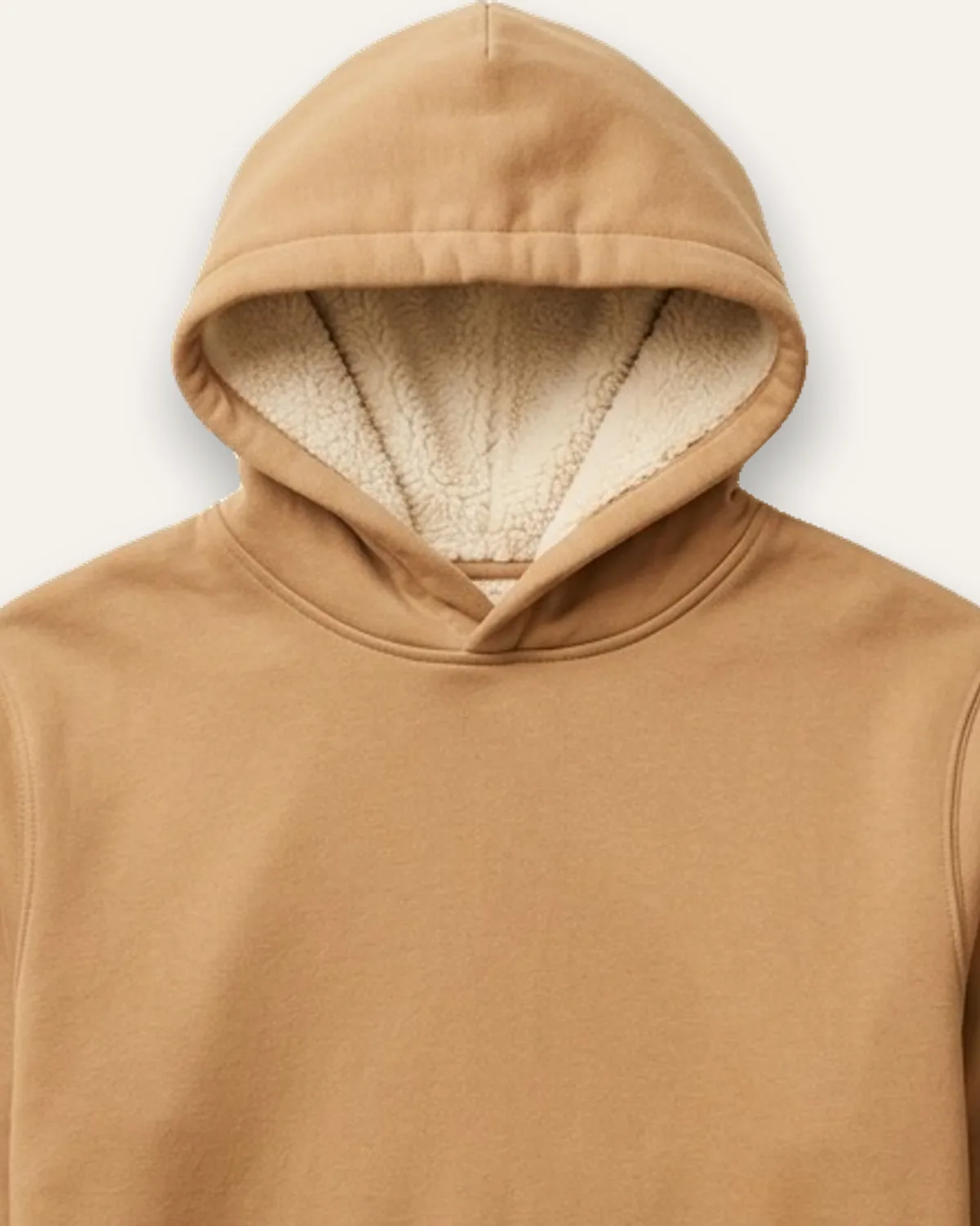 Sherpa-Lined Hoodie in Camel, laid flat, detail