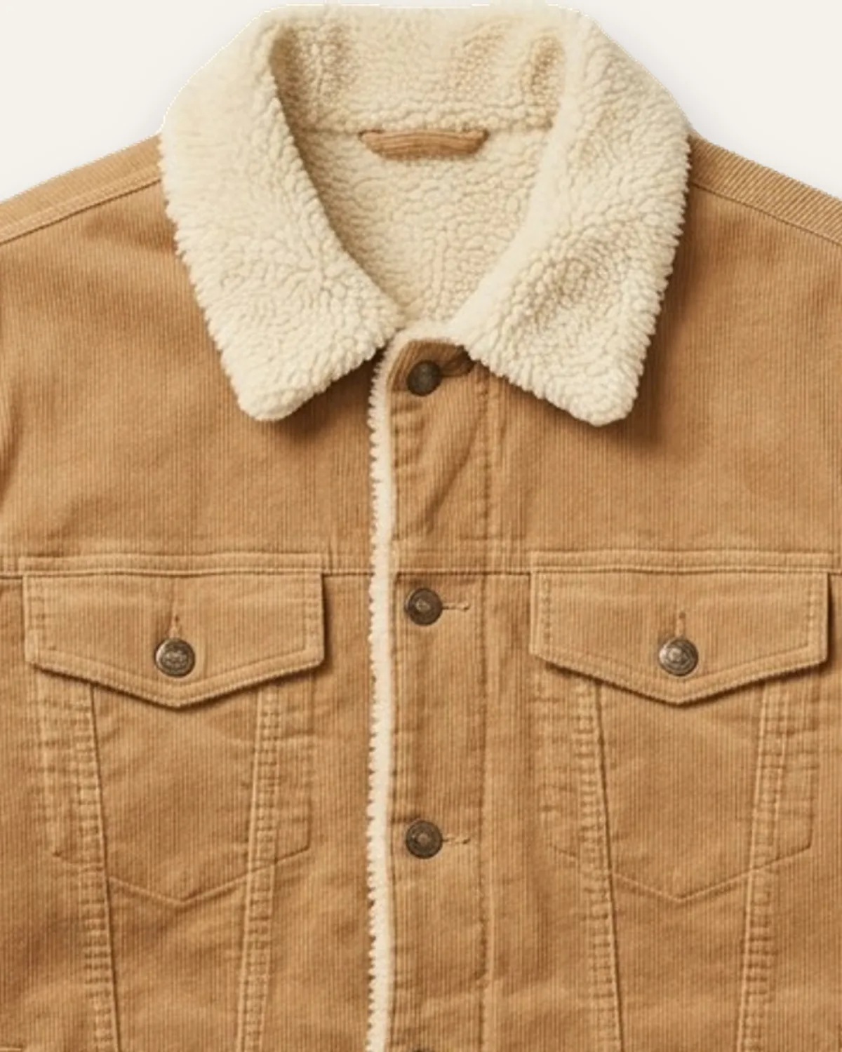 Sherpa Trucker Jacket in Tan, laid flat, detail