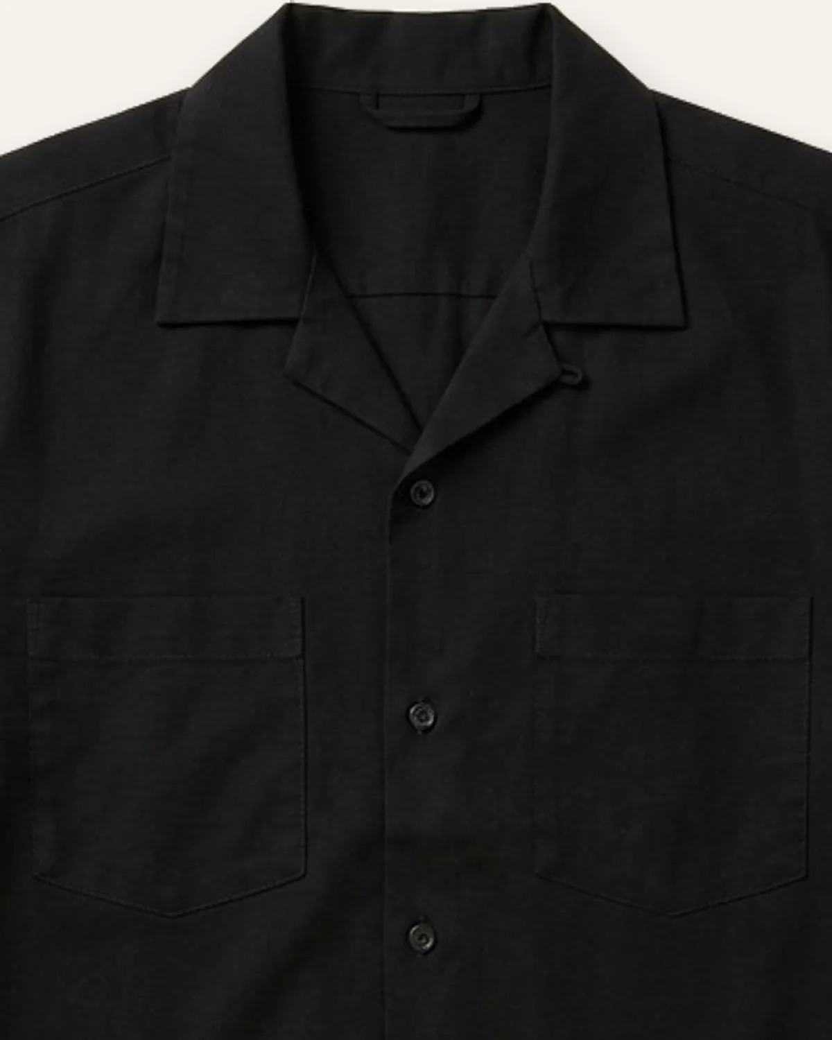 Solid Camp Collar Shirt in Black, laid flat, detail