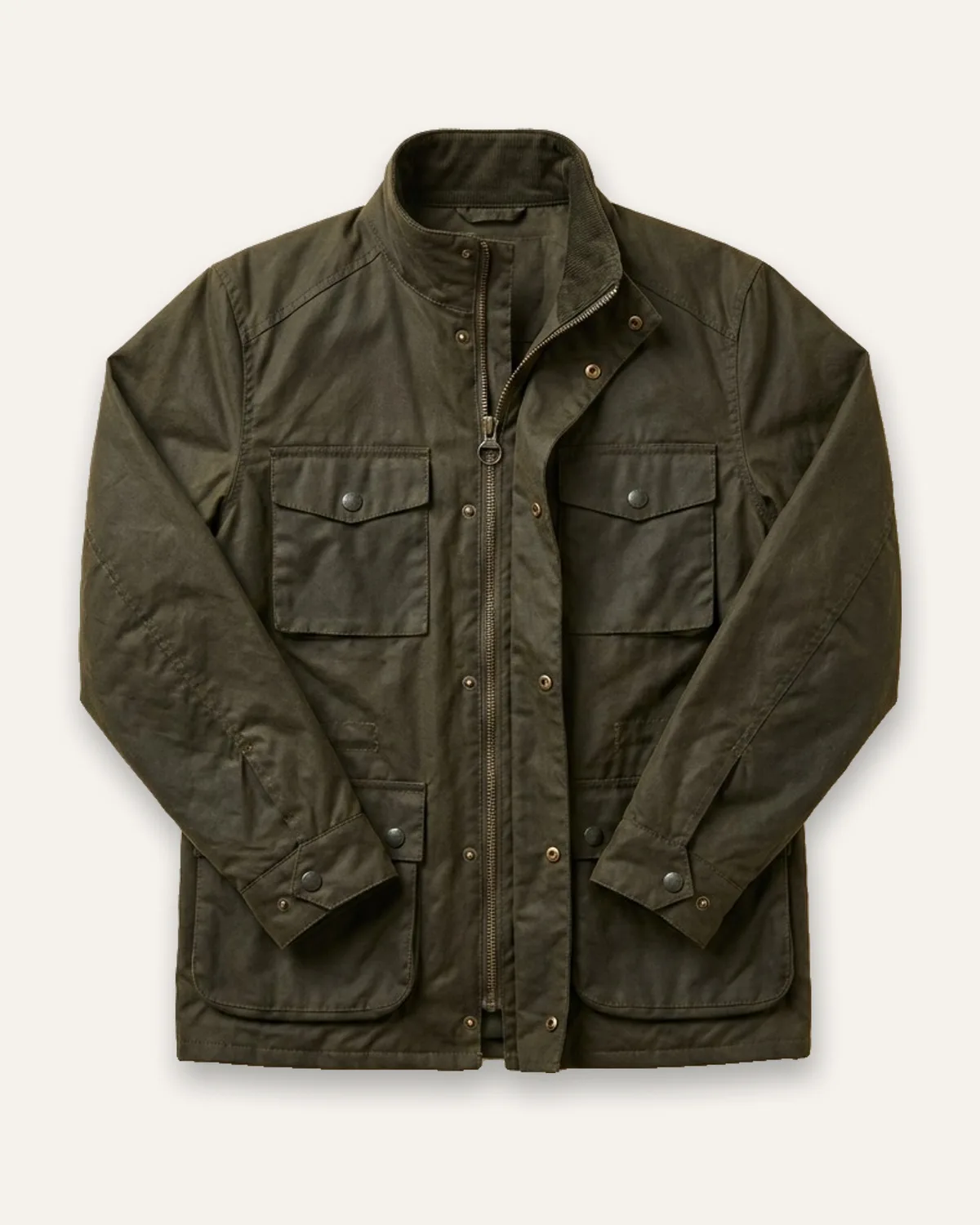 Waxed Field Jacket in Olive, laid flat