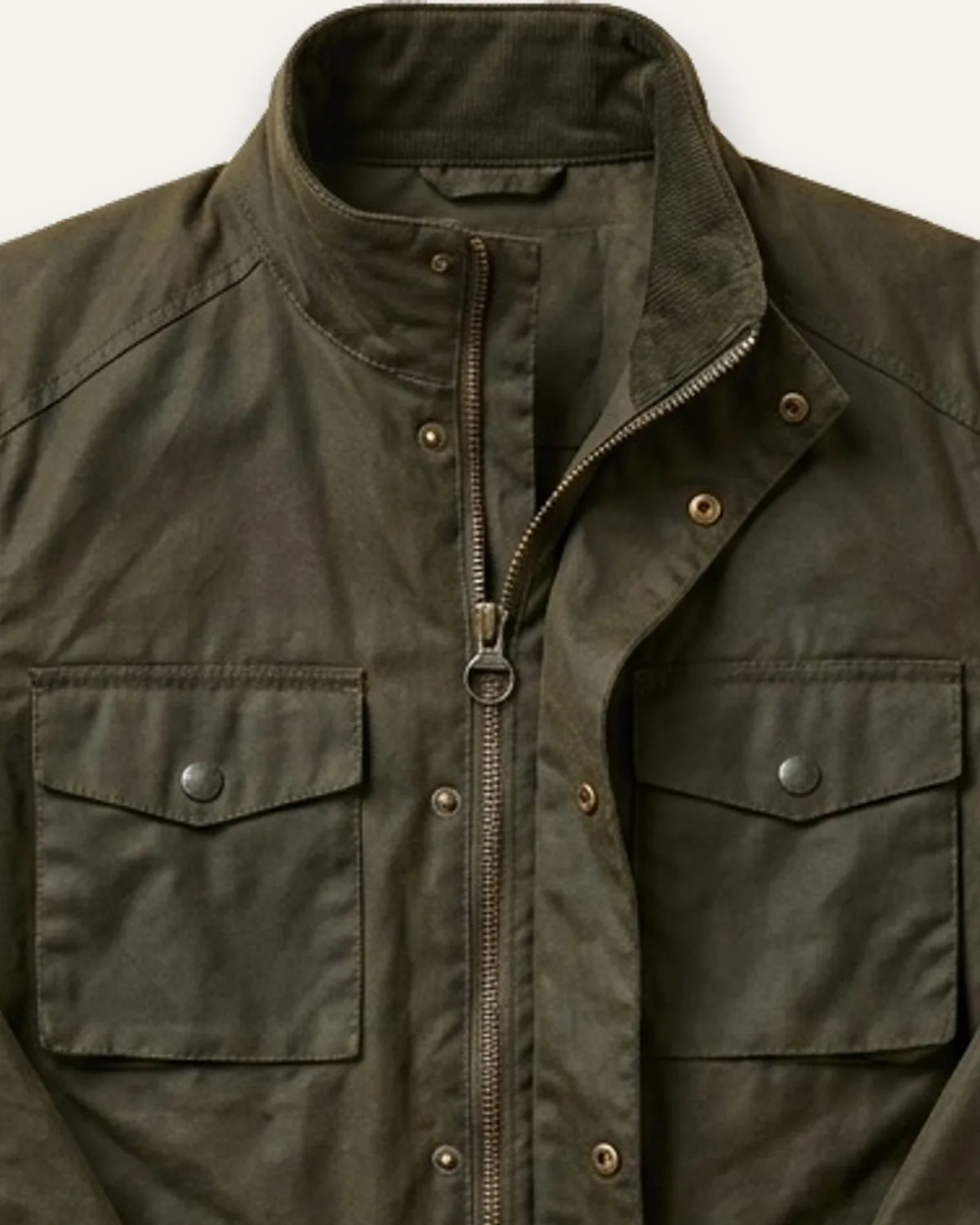 Waxed Field Jacket in Olive, laid flat, detail